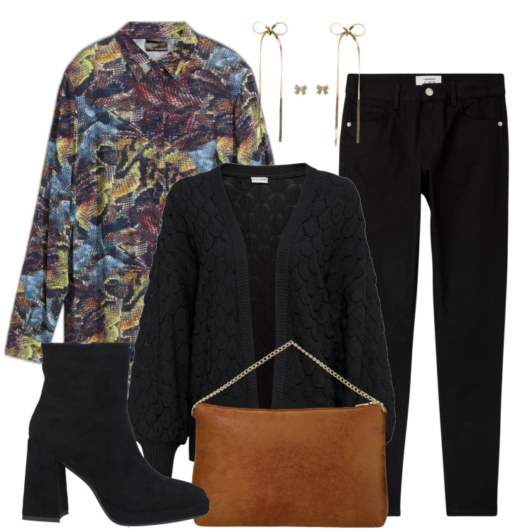Outfit donna - Vernissage. Stile Chic per Serata fuori. Abbinamento con camicie, cardigans, stivaletti, orecchini, pantaloni skinny, pochette.