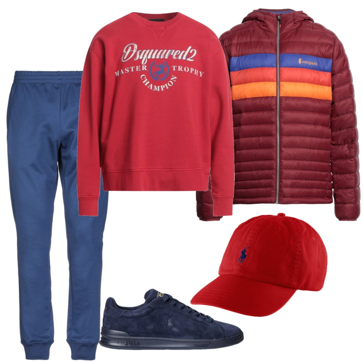 Outfit uomo - Red and Blue. Stile Casual per Sport. Abbinamento con piumini, pantaloni, felpe, cappelli, sneakers.