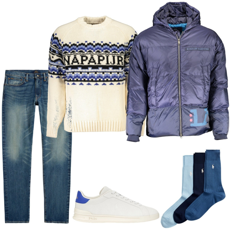 Outfit uomo - Il giusto match. Stile Casual per Tutti i giorni. Abbinamento con calzini, jeans, sneakers, maglieria, piumini.