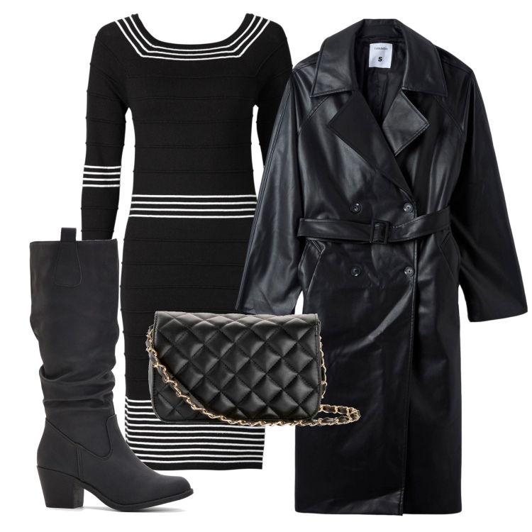 Outfit donna - Nero città. Stile Urban per Tutti i giorni. Abbinamento con vestiti, borse a tracolla, stivali, trench.
