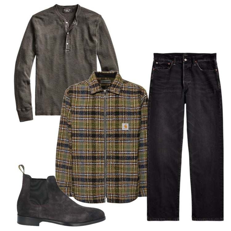 Outfit uomo - Nel fine settimana. Stile Casual per Tutti i giorni. Abbinamento con stivali e stivaletti, jeans dritti, t-shirt, cappotti.