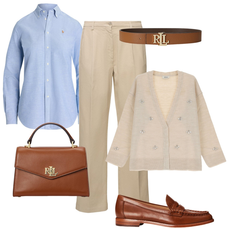 Outfit donna - Il cardigan bijoux e la camicia Oxford. Stile Bon Ton per Ufficio. Abbinamento con cardigans, mocassini, camicie, cinture, borse a mano, pantaloni.