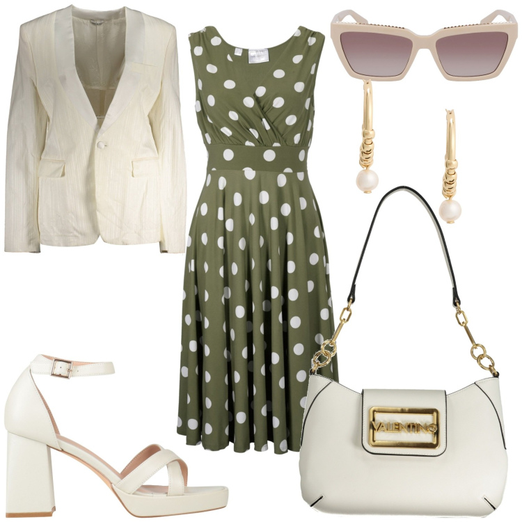 Outfit donna - Abito fantasia a pois. Stile Bon Ton per Tutti i giorni. Abbinamento con vestiti, sandali in pelle, orecchini, blazer, occhiali da sole, borse a spalla.