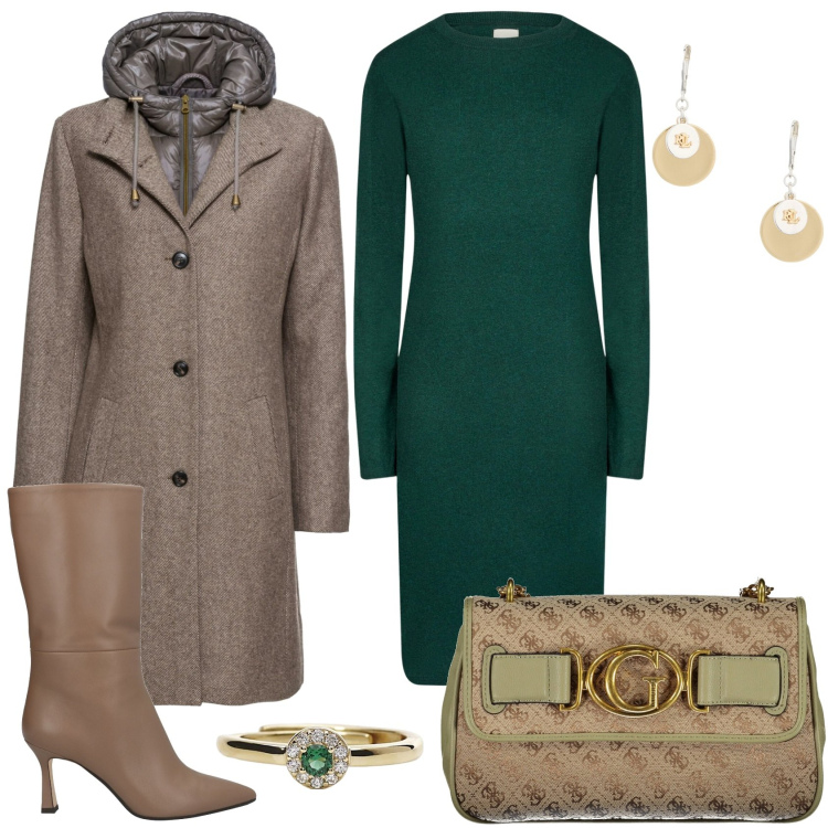 Outfit donna - Abito donna in maglia girocollo. Stile Trendy per Tutti i giorni. Abbinamento con cappotti, stivali, anelli, orecchini, vestiti midi/longuette, borse a tracolla.