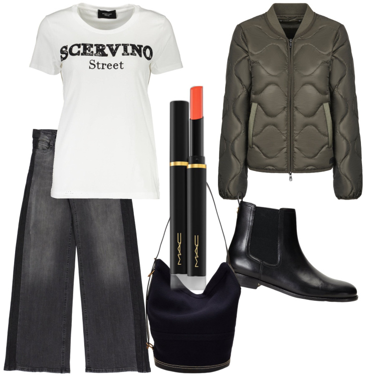 Outfit donna - Colazione al bar. Stile Urban per Tutti i giorni. Abbinamento con rossetti, jeans, stivaletti chelsea, borse a mano, blazer, t-shirt.