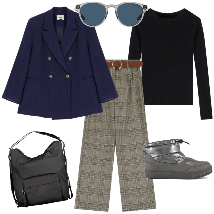 Outfit donna - Total look. Stile Urban per Tutti i giorni. Abbinamento con blazer, pantaloni, pullovers, occhiali da sole, stivaletti, borse a tracolla.