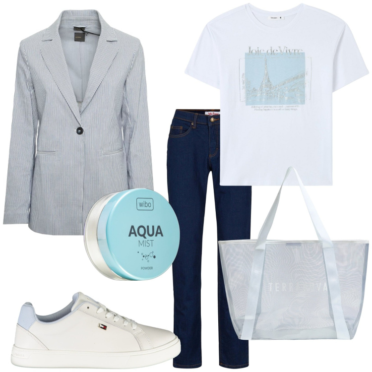 Outfit donna - Total look #1987735. Stile Casual chic per Tutti i giorni. Abbinamento con jeans mom, ciprie, shopping bag, t-shirt, sneakers, blazer.