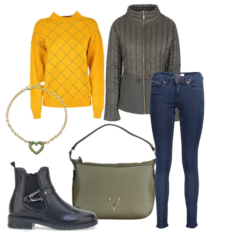 Outfit donna - Il maglioncino giallo. Stile Casual per Tutti i giorni. Abbinamento con braccialetti, piumini, maglieria, stivaletti, jeans skinny, borse a spalla.
