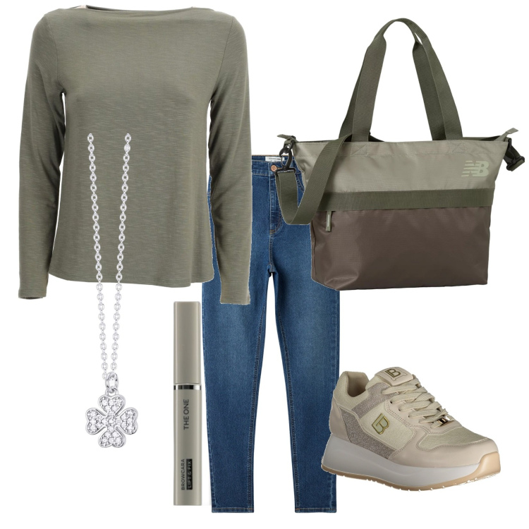 Outfit donna - Verde autunno. Stile Basic per Tutti i giorni. Abbinamento con mascara, jeggings, collane, borse tote, sneakers, maglieria.