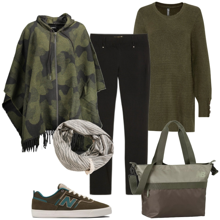 Outfit donna - Verde militare. Stile Casual per Tutti i giorni. Abbinamento con maglieria, pantaloni, sciarpe, borse tote, sneakers, cappotti.