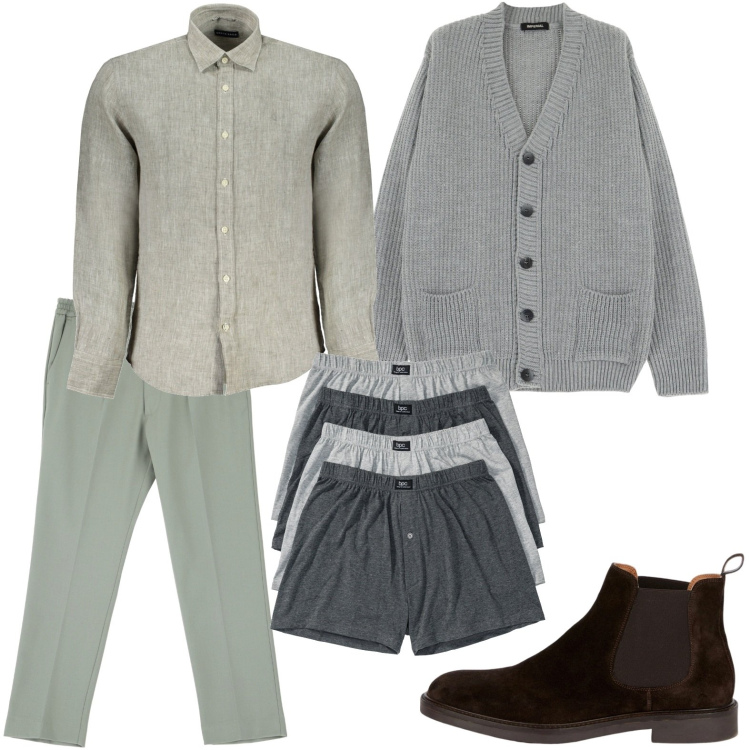 Outfit uomo - Il classico cardigan. Stile Casual per Tutti i giorni. Abbinamento con boxer, cardigans, pantaloni, camicie, stivali e stivaletti.