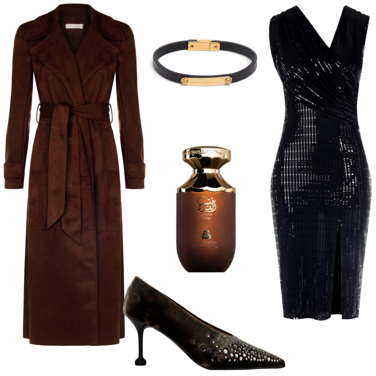 Outfit donna - Serata di gala. Stile Chic per Serata fuori. Abbinamento con profumi, vestiti a tubino, trench, décolleté, braccialetti.
