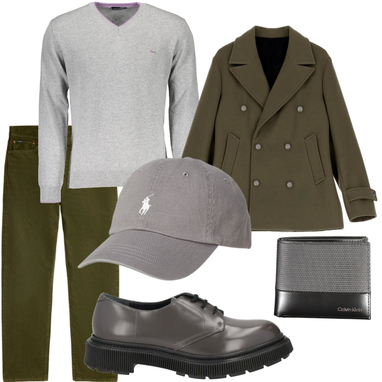 Outfit uomo - Ispirazione military. Stile Trendy per Ufficio. Abbinamento con scarpe stringate, giacche, cappelli, jeans dritti, maglieria, portafogli.