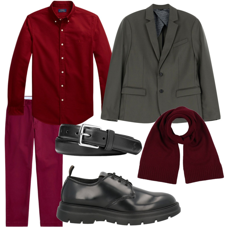 Outfit uomo - Guardaroba d\'autunno. Stile Trendy per Ufficio. Abbinamento con sciarpe, scarpe stringate, giacche, cinture, camicie, pantaloni chino.