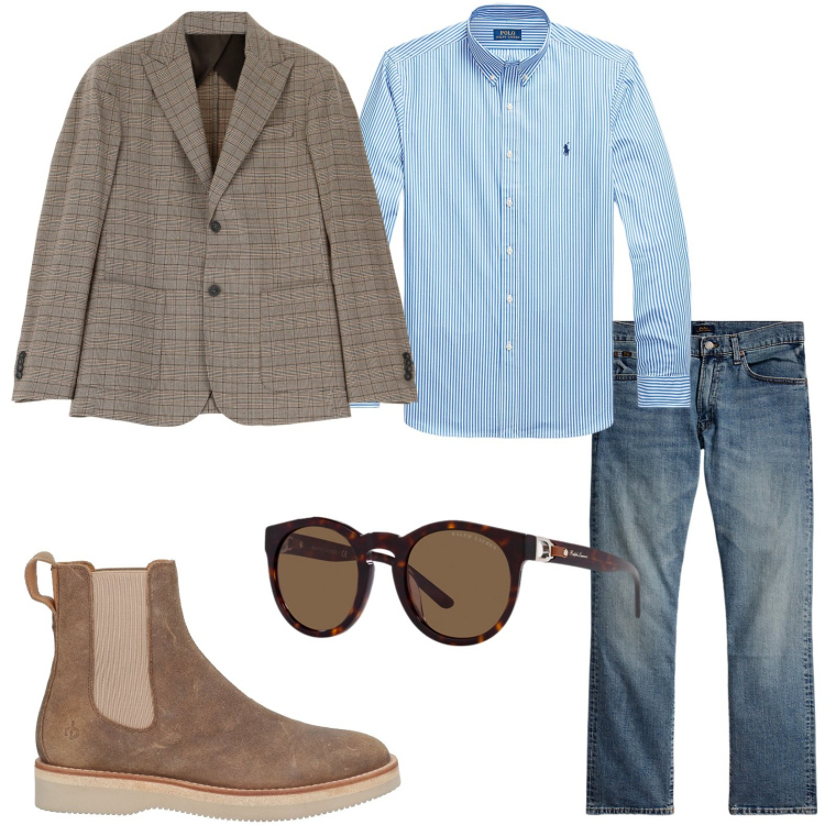 Outfit uomo - Disinvolto in giacca. Stile Urban per Ufficio. Abbinamento con stivali e stivaletti, giacche, camicie, occhiali da sole, jeans dritti.