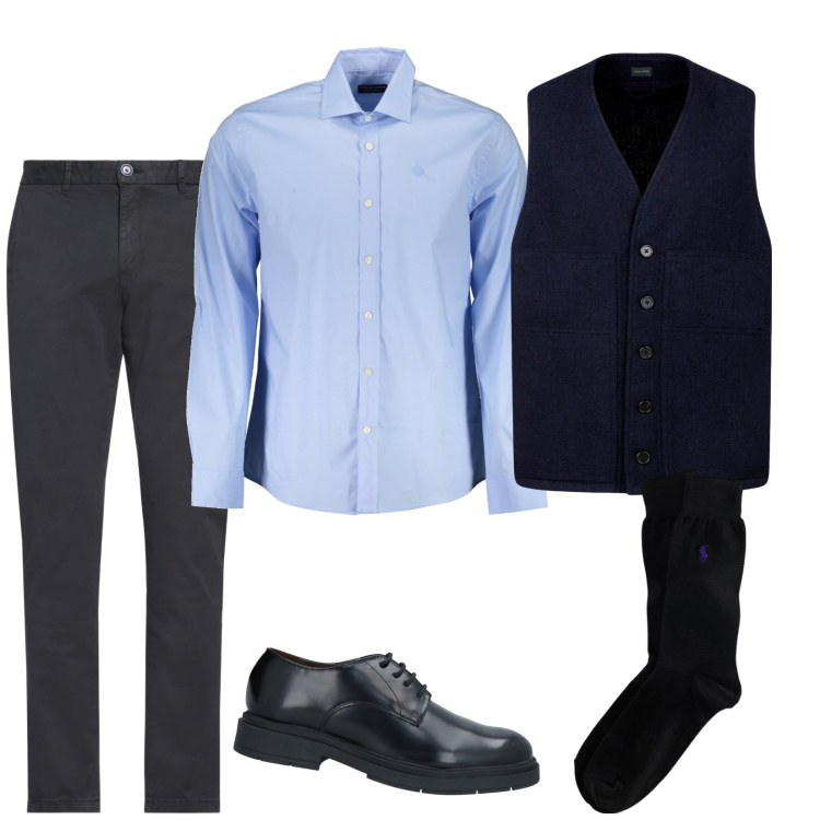 Outfit uomo - Lunedì. Stile Casual per Ufficio. Abbinamento con pantaloni chino, scarpe stringate, calzini, gilet, camicie.