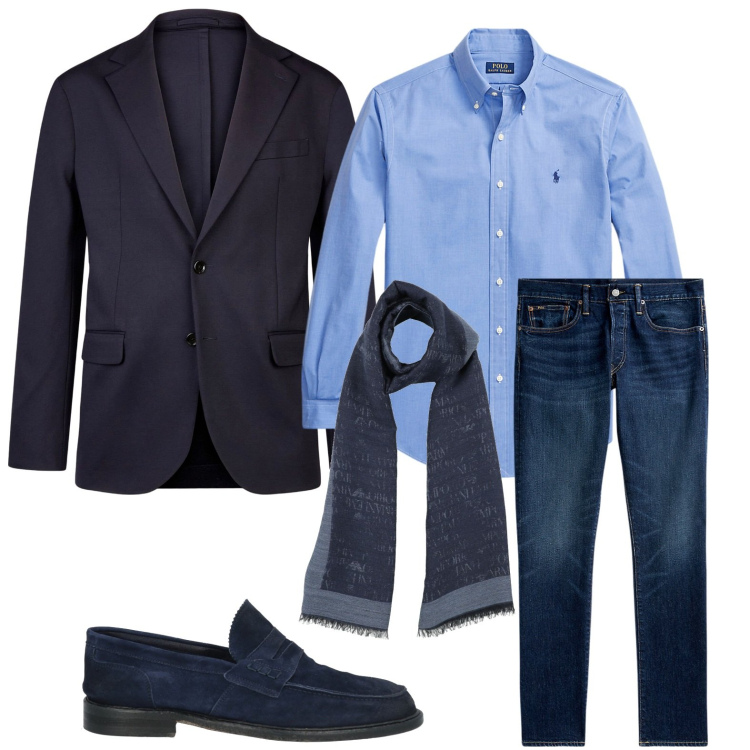 Outfit uomo - Casual con stile. Stile Casual per Ufficio. Abbinamento con scarpe stringate, sciarpe, jeans, camicie, giacche.