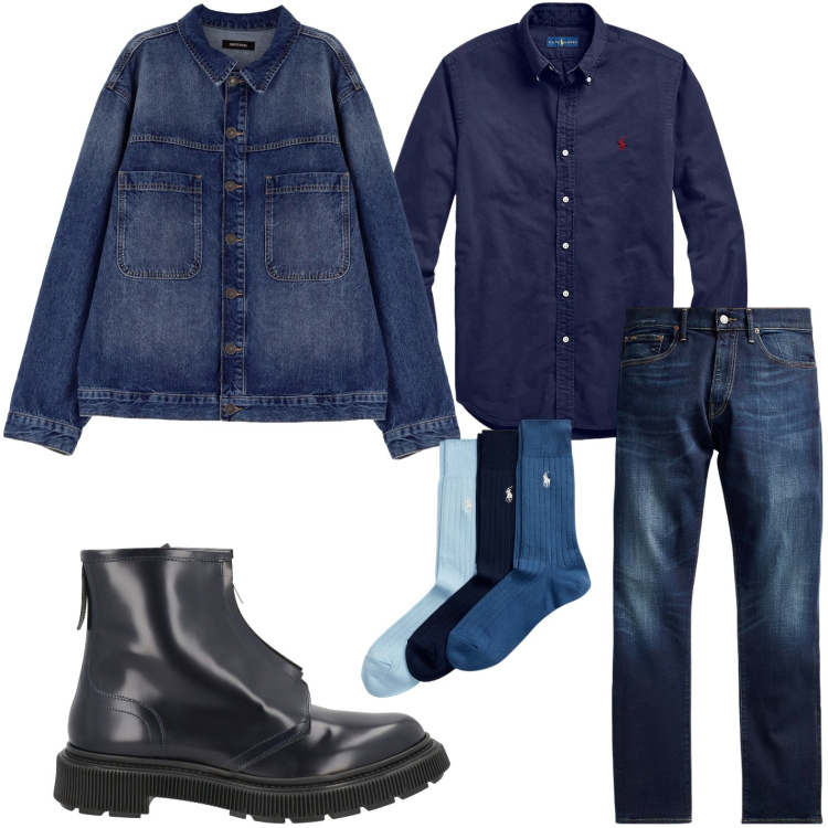 Outfit uomo - Feeling con il denim. Stile Trendy per Tutti i giorni. Abbinamento con stivali e stivaletti, giacche, jeans, calzini, camicie.