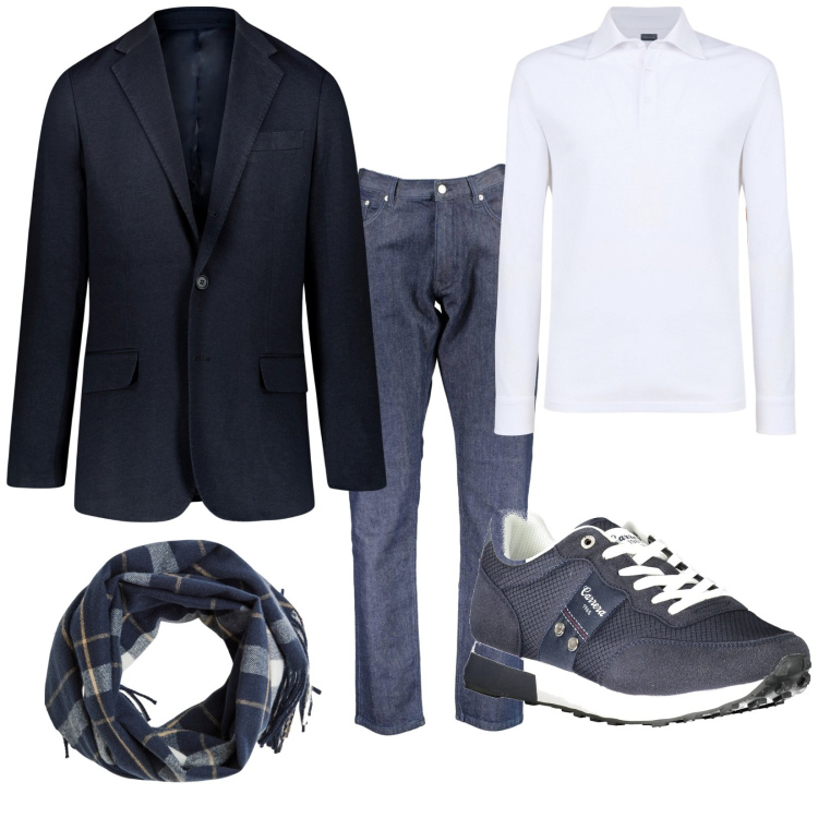 Outfit uomo - Le riunioni del venerdì. Stile Trendy per Ufficio. Abbinamento con sciarpe, polo, giacche, jeans, sneakers.