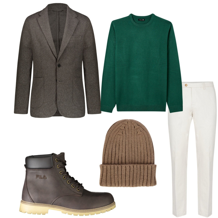 Outfit uomo - Dinamico e attuale. Stile Trendy per Tutti i giorni. Abbinamento con maglieria, berretti, stivali, pantaloni chino, giacche.