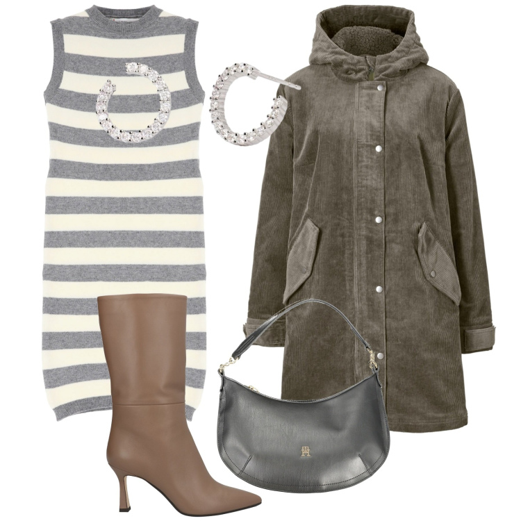 Outfit donna - Shopping in centro. Stile Casual chic per Tutti i giorni. Abbinamento con parka, stivali, orecchini, vestiti, borse a spalla.