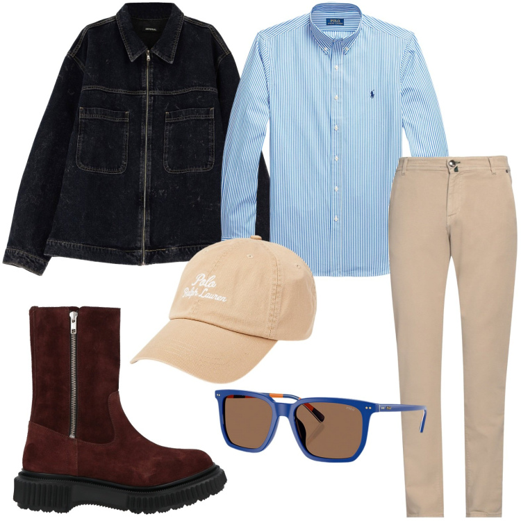 Outfit uomo - Rubargli la camicia azzurra. Stile Urban per Tutti i giorni. Abbinamento con pantaloni chino, stivali, giacche, camicie, cappelli, occhiali da sole.