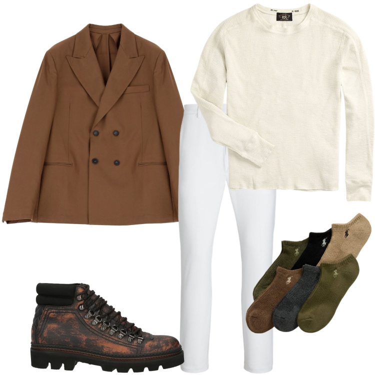 Outfit uomo - Gioco di nuance. Stile Trendy per Tutti i giorni. Abbinamento con stivali e stivaletti, giacche, maglieria, pantaloni, calzini.