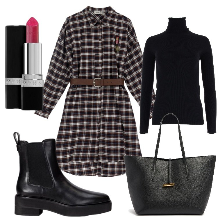 Outfit donna - Vestito e stivaletti. Stile Casual chic per Tutti i giorni. Abbinamento con rossetti, stivaletti chelsea, vestiti corti, shopping bag, maglieria.