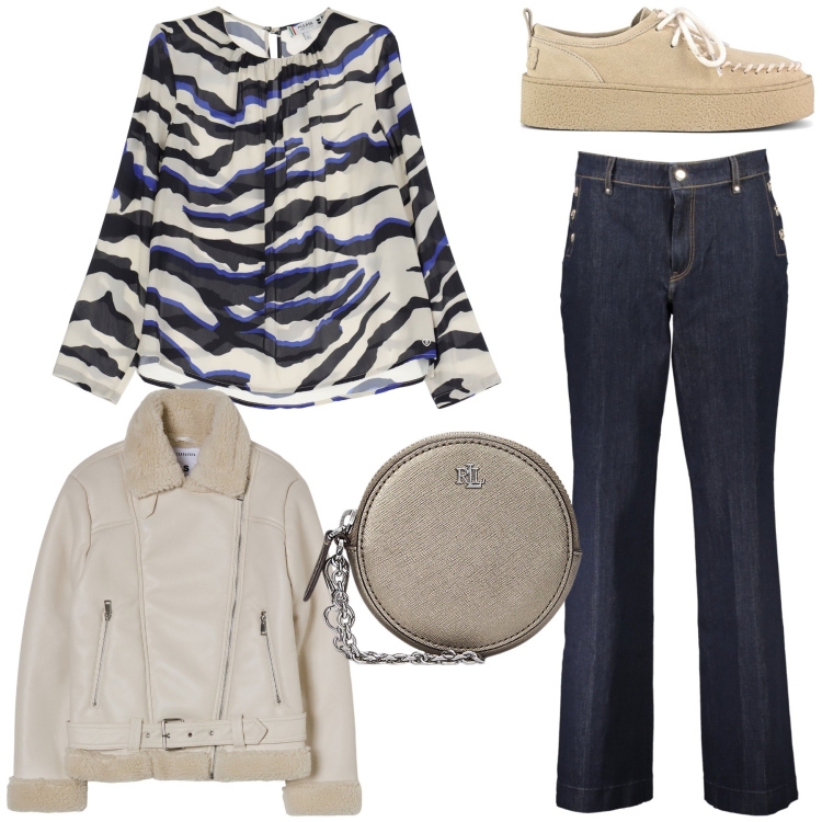 Outfit donna - Al ristorante di sabato. Stile Urban per Tutti i giorni. Abbinamento con blazer, camicie, pochette, mocassini, jeans skinny.