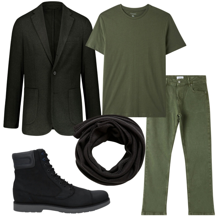 Outfit uomo - Contaminazione military. Stile Trendy per Ufficio. Abbinamento con stivali e stivaletti, sciarpe, pantaloni, t-shirt, giacche.