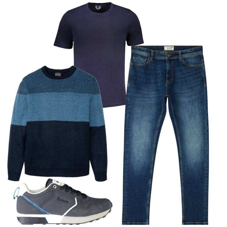 Outfit uomo - Il pullover a bande larghe. Stile Casual per Tutti i giorni. Abbinamento con maglieria, jeans skinny, sneakers, t-shirt.