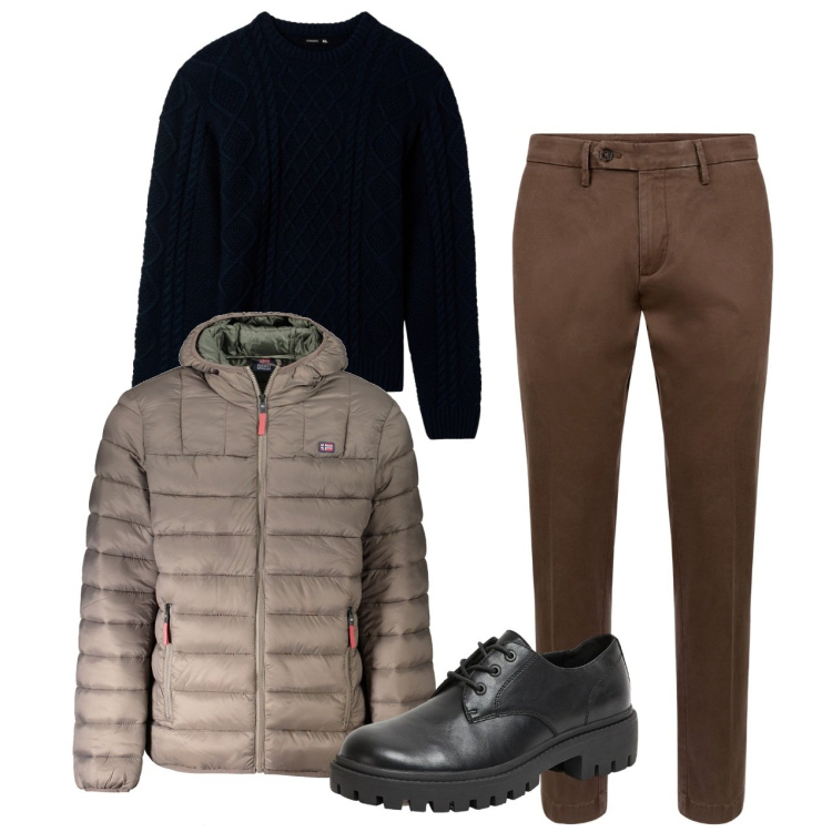 Outfit uomo - Piumino e pantaloni classici. Stile Casual per Tutti i giorni. Abbinamento con scarpe stringate, maglieria, pantaloni chino, giacche.
