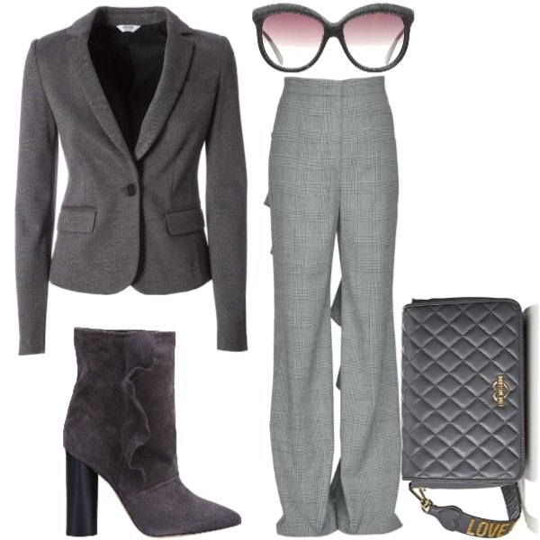 Outfit donna - Bon Ton #13628. Stile Bon Ton per Tutti i giorni. Abbinamento con pantalone maxi pied de poule con ruches e zip, occhiali da sole, giacca con ruches collo a dolcevita grigio e fucsia.