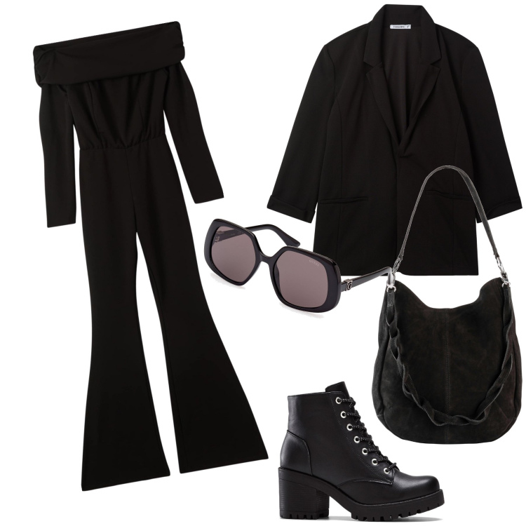 Outfit donna - Anni 70. Stile Urban per Tutti i giorni. Abbinamento con stivaletti, borse a mano, tute, blazer, occhiali da sole.