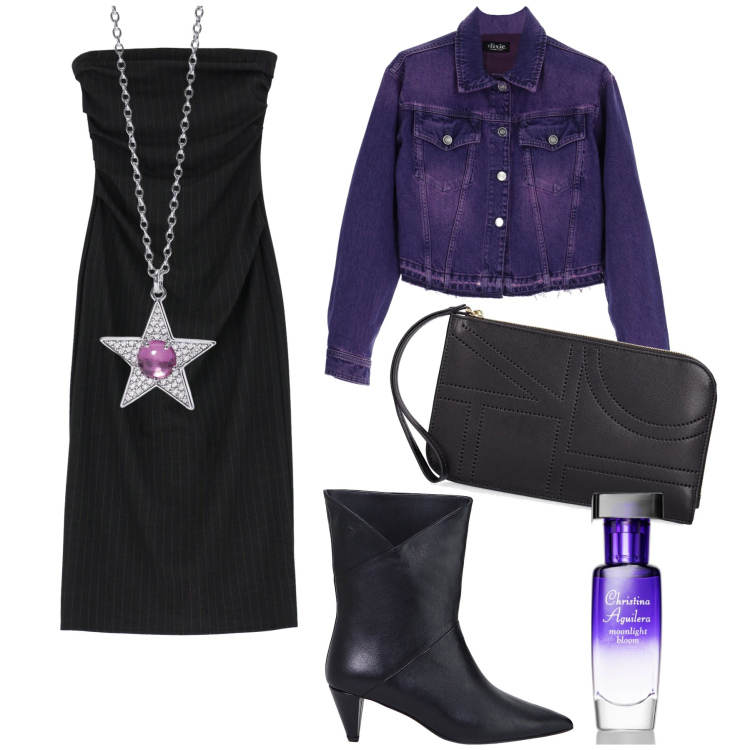 Outfit donna - Il giubbino viola. Stile Glamour per Serata fuori. Abbinamento con profumi, ciondoli, blazer, vestiti midi/longuette, stivaletti, pochette.