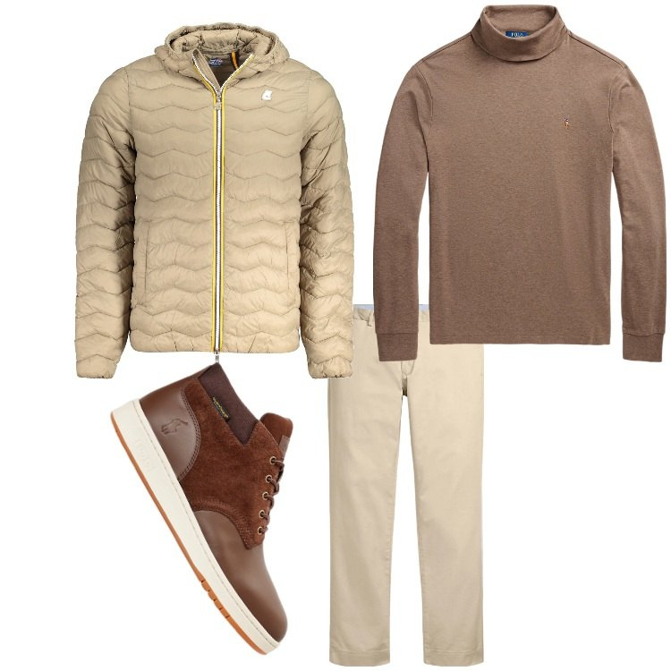 Outfit uomo - Tra beige e marrone. Stile Casual per Tutti i giorni. Abbinamento con pantaloni chino, stivali, polo, giacche.