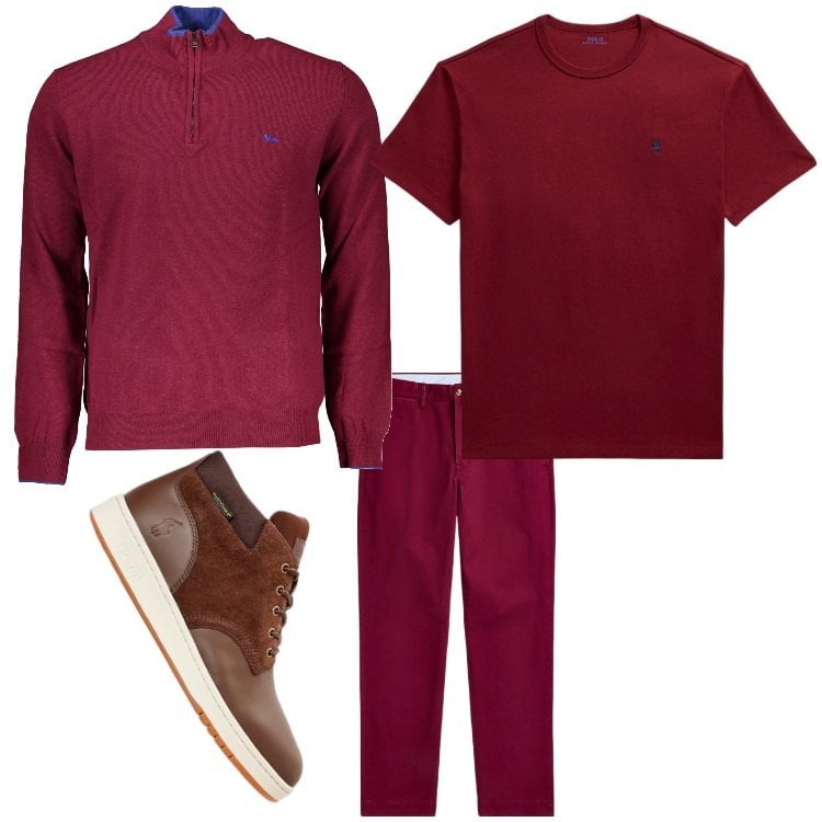 Outfit uomo - Bordeaux. Stile Casual per Tutti i giorni. Abbinamento con pantaloni chino, stivali, t-shirt, maglieria.