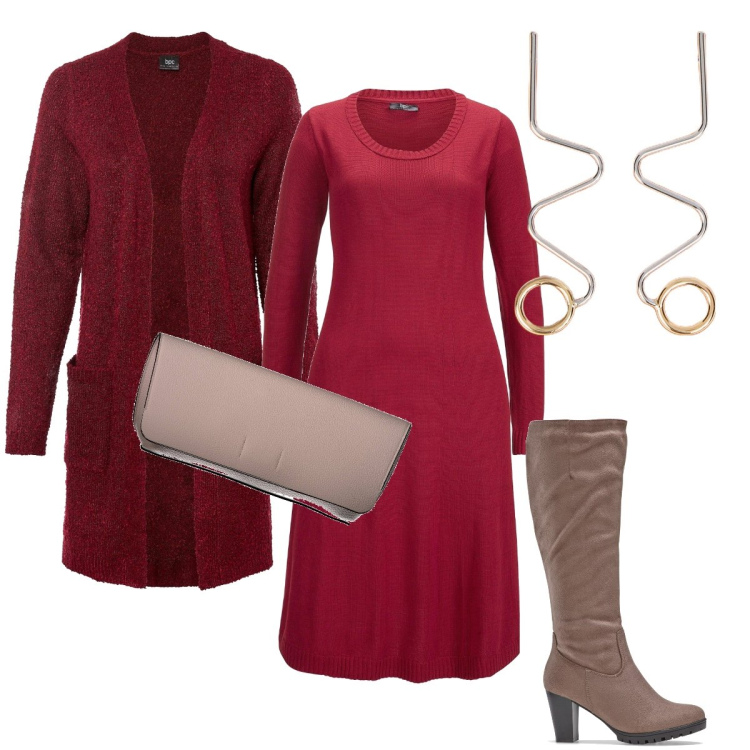 Outfit donna - Rosso su rosso. Stile Casual chic per Serata fuori. Abbinamento con vestiti midi/longuette, cardigans, stivali, orecchini, pochette.