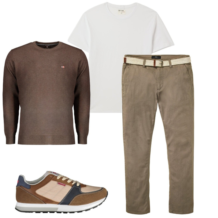 Outfit uomo - Con amici. Stile Casual per Tutti i giorni. Abbinamento con pantaloni chino, t-shirt, sneakers, maglieria.