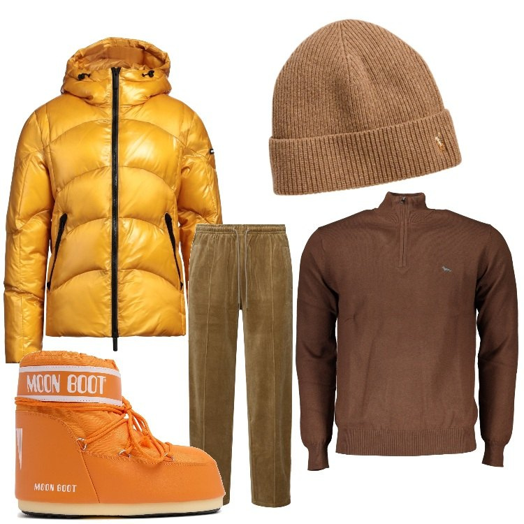 Outfit uomo - Passeggiata sulla neve. Stile Casual per Sport. Abbinamento con piumini, berretti, pantaloni, maglieria, stivali.
