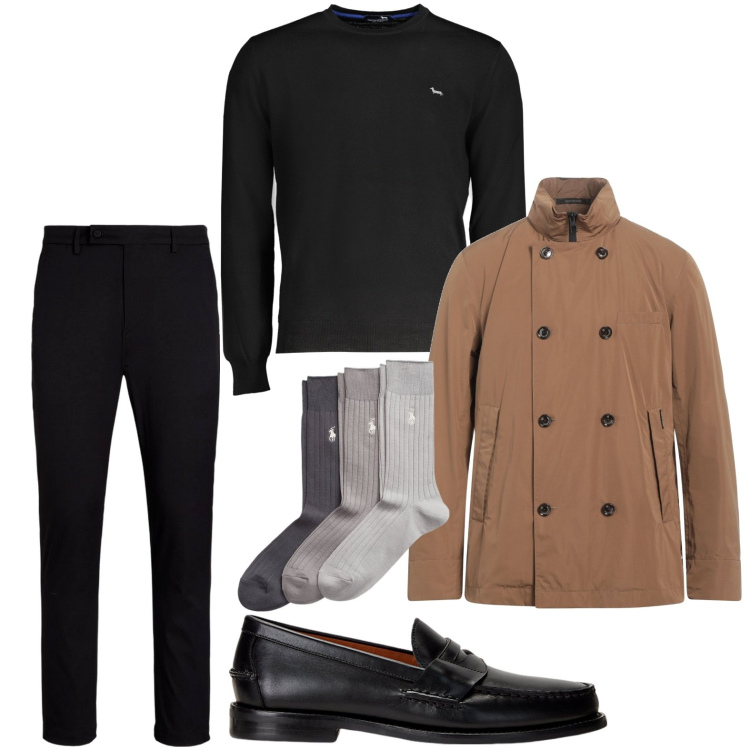Outfit uomo - Trench diktac d\'autunno. Stile Trendy per Ufficio. Abbinamento con trench, scarpe stringate, calzini, pantaloni, maglieria.