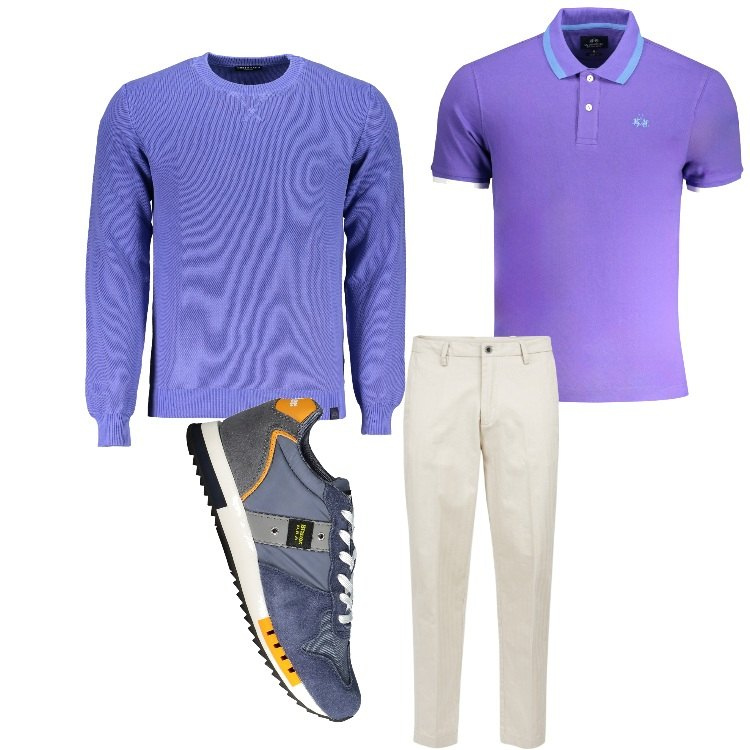 Outfit uomo - Viola su viola. Stile Casual per Tutti i giorni. Abbinamento con pantaloni, maglieria, polo, sneakers.