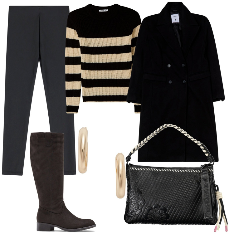 Outfit donna - Cappotto e stivali. Stile Trendy per Tutti i giorni. Abbinamento con stivali, maglieria, cappotti, pantaloni skinny, orecchini, borse a spalla.