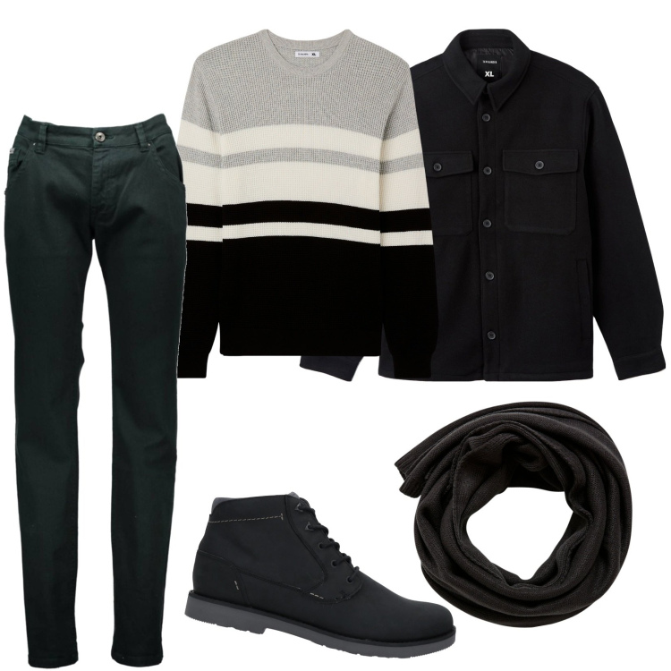 Outfit uomo - Low cost. Stile Casual per Tutti i giorni. Abbinamento con stivali e stivaletti, sciarpe, cappotti, maglieria, pantaloni.