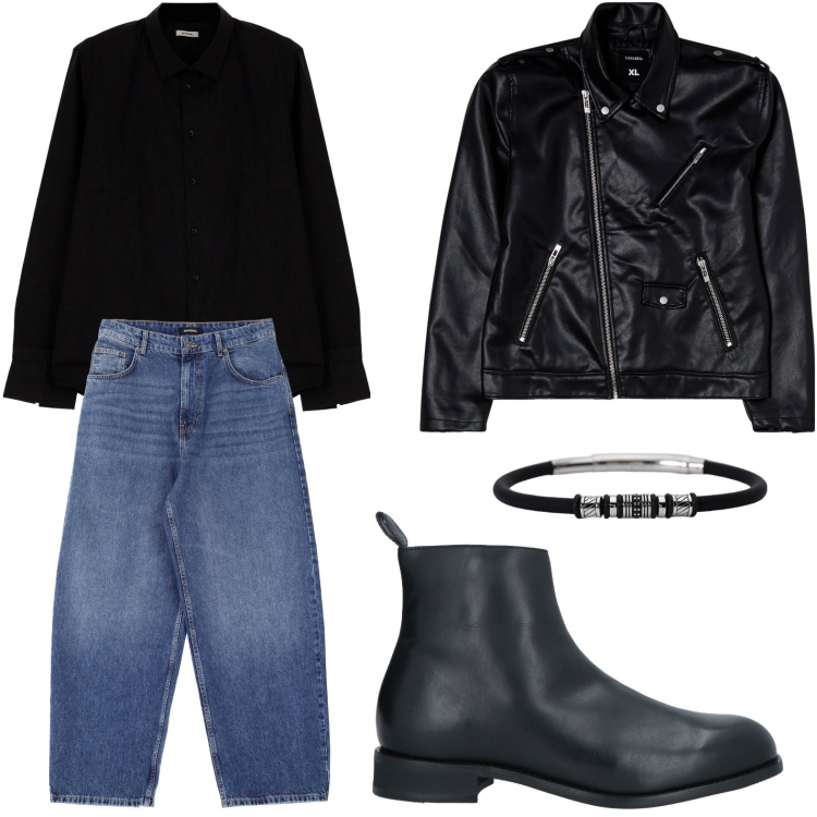 Outfit uomo - All day long. Stile Biker Rock per Serata speciale. Abbinamento con stivali e stivaletti, giacche, braccialetti, camicie, jeans.