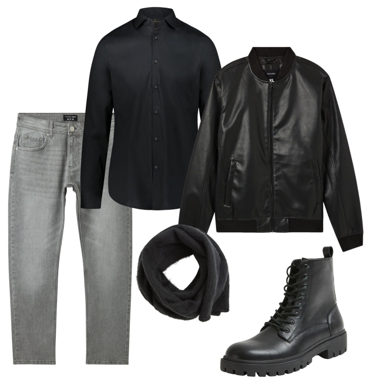 Outfit uomo - In nero. Stile Urban per Tutti i giorni. Abbinamento con bomber, sciarpe e foulard, anfibi, jeans, camicie.