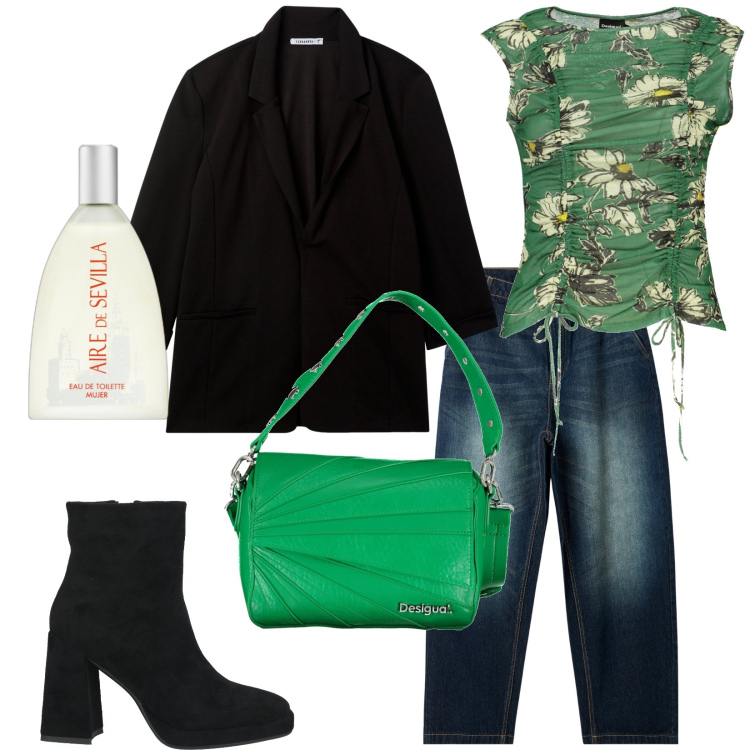 Outfit donna - Total look #1987947. Stile Casual chic per Serata fuori. Abbinamento con stivaletti, profumi, jeans, blazer, canottiere, borse a spalla.