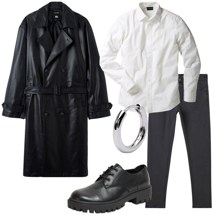 Outfit uomo - Il trench effetto pelle. Stile Biker Rock per Tutti i giorni. Abbinamento con camicie, trench, scarpe stringate, pantaloni skinny, orecchini.