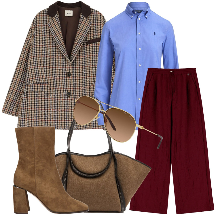 Outfit donna - Abbinamento perfetto. Stile Casual chic per Ufficio. Abbinamento con stivaletti, blazer, pantaloni, camicie, occhiali da sole, shopping bag.