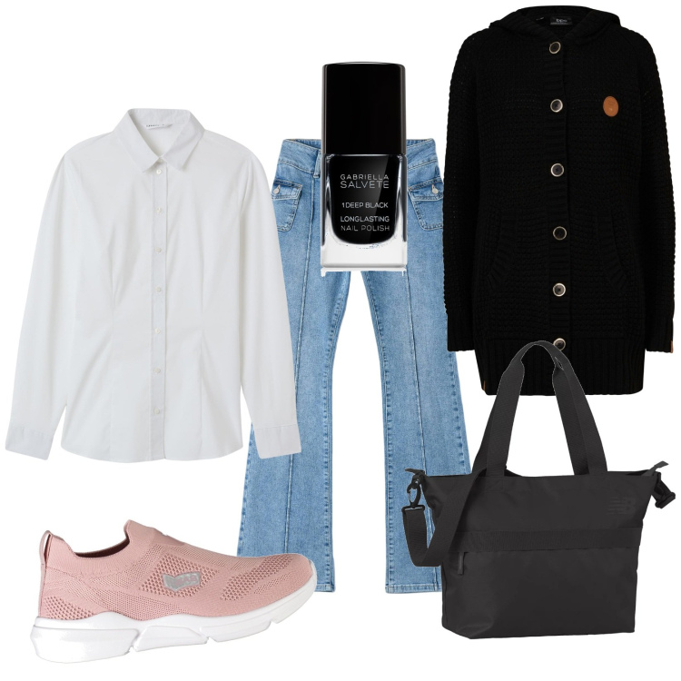 Outfit donna - Il cardigan per l\'autunno. Stile Casual per Tutti i giorni. Abbinamento con cardigans, smalti, jeans a zampa, camicie, borse tote, sneakers.